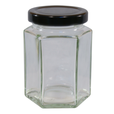 110ml Hexagonal Glass Food Jar With Black Twist Off Lid - Pack Of 6