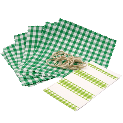Pack of 12 Green Gingham Cotton Jam Jar Covers With Bands & Labels