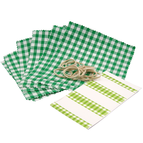 Pack of 12 Green Gingham Cotton Jam Jar Covers With Bands & Labels