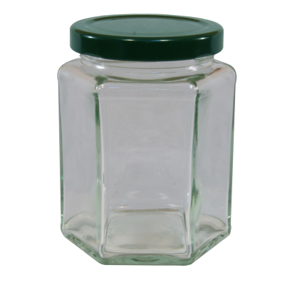12oz  Hexagonal Glass Food Jar With Green Twist Off Lid - Pack Of 6