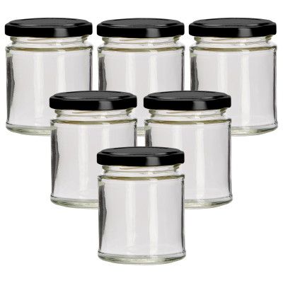 190ml Round Glass Food Jar With Black Twist Off Lid - Pack Of 6