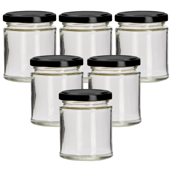 190ml Round Glass Food Jar With Black Twist Off Lid - Pack Of 6