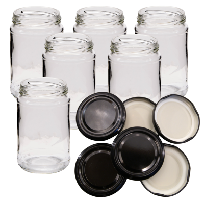 Pack Of 6 x Traditional 1lb (380ml) Round Glass Jam Jars With Black Lids