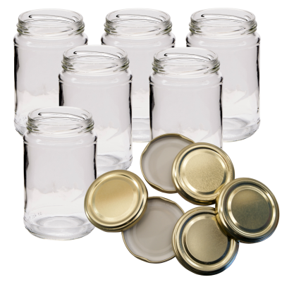 Pack Of 6 x Traditional 1lb (380ml) Round Glass Jam Jars With Gold Lids