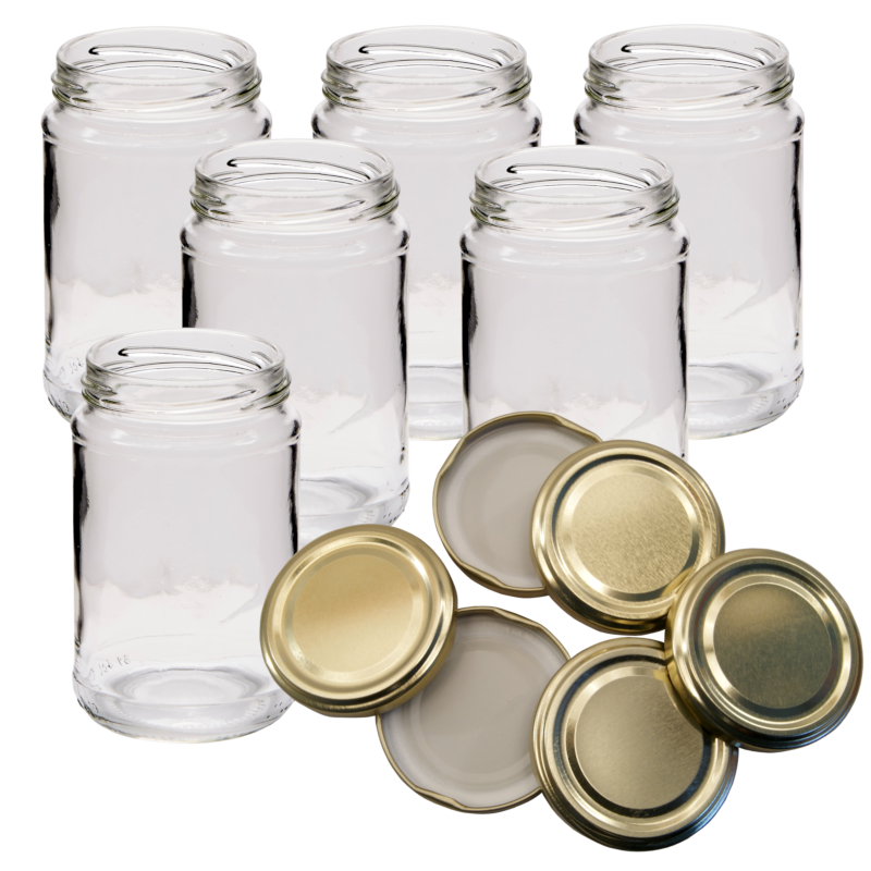 Pack Of 6 X Traditional 1lb (380ml) Round Glass Jam Jars With Gold Lids