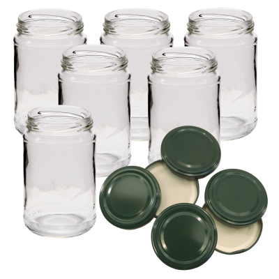 Pack Of 6 x Traditional 1lb (380ml) Round Glass Jam Jars With Green Lids