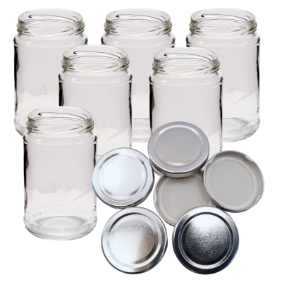 Pack Of 6 x Traditional 1lb (380ml) Round Glass Jam Jars With Silver Lids