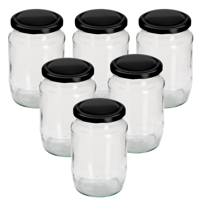 2lb / 720ml - Round Glass Jam Jar With Black Twist Off Lid - Pack Of 6