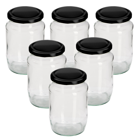 2lb / 720ml - Round Glass Jam Jar With Black Twist Off Lid - Pack Of 6