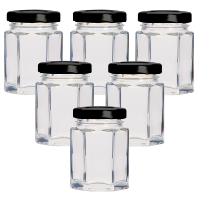 55ml (Small) Hexagonal Glass Food Jars With Black Lids - Pack Of 6
