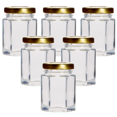 55ml (Small) Hexagonal Glass Food Jars With Gold Lids - Pack Of 6