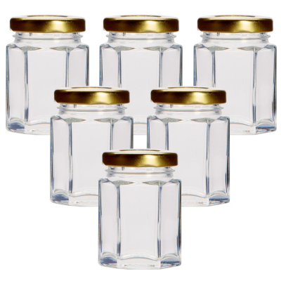 110ml Hexagonal Glass Food Jar With Gold Twist Off Lid - Pack Of 6