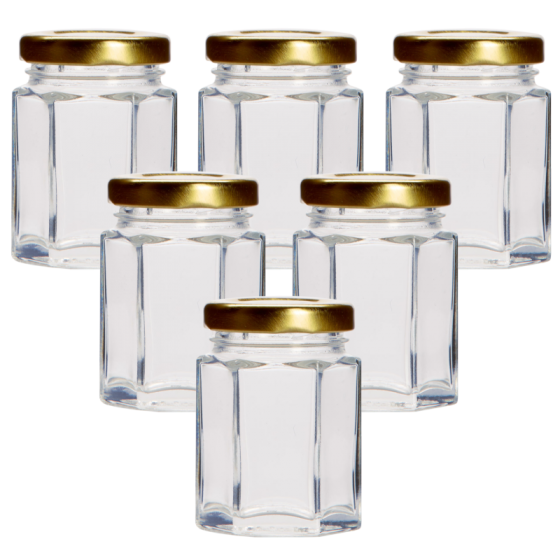 55ml (Small) Hexagonal Glass Food Jars With Gold Lids - Pack Of 6