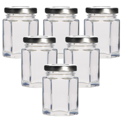 55ml (Small) Hexagonal Glass Food Jars With Silver Lids - Pack Of 6