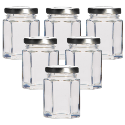 110ml Hexagonal Glass Food Jar With Silver Twist Off Lid - Pack Of 6