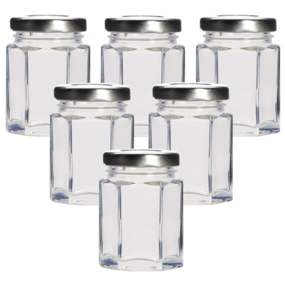110ml Hexagonal Glass Food Jar With Silver Twist Off Lid - Pack Of 6