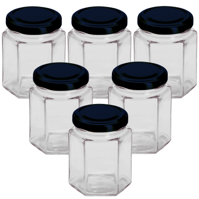 (8oz) 190ml - Hexagonal Glass Jam Jars With Black Twist Off Lids - Pack Of 6