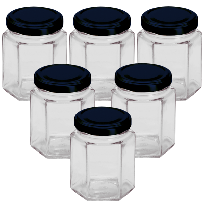 8oz Hexagonal 190ml Glass Jam Jars With Black Twist Off Lids - Pack Of 6