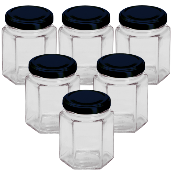 8oz Hexagonal 190ml Glass Jam Jars With Black Twist Off Lids - Pack Of 6