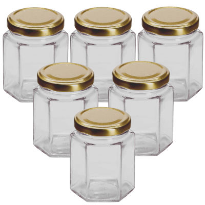 (8oz) 190ml - Hexagonal Glass Jam Jars With Gold Twist Off Lids - Pack Of 6