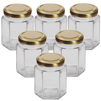 8oz Hexagonal 190ml Glass Jam Jars With Gold Twist Off Lids - Pack Of 6