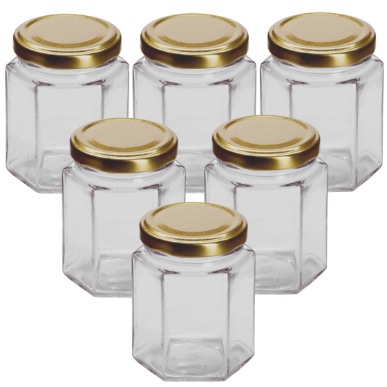 8oz Hexagonal 190ml Glass Jam Jars With Gold Twist Off Lids - Pack Of 6