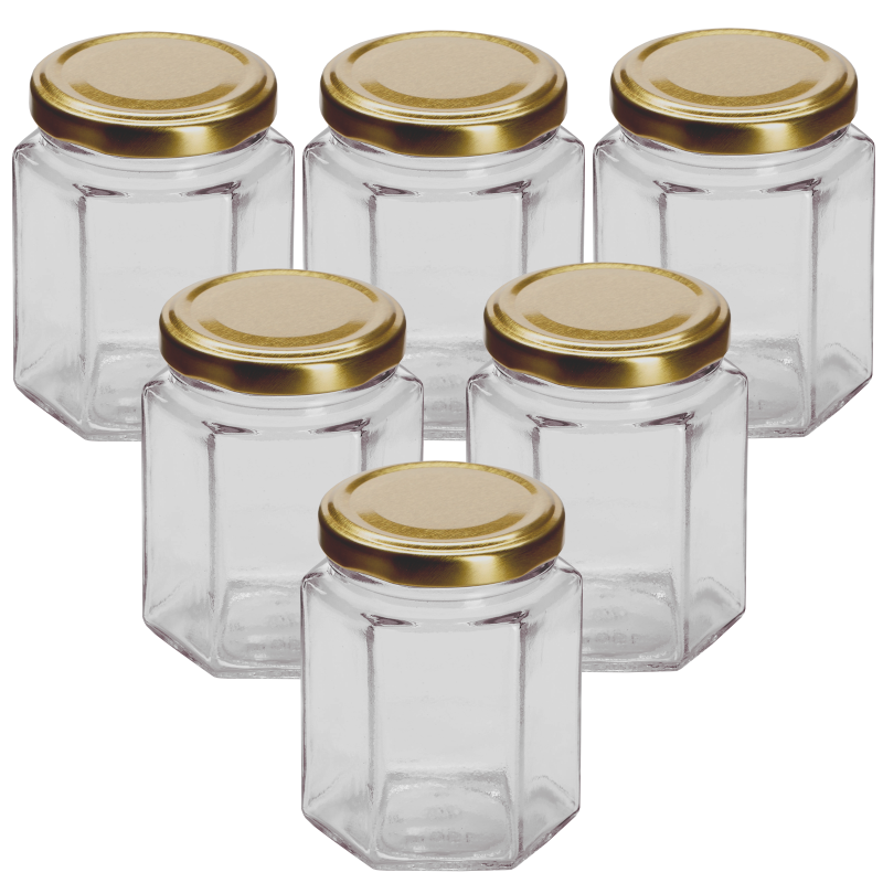 12oz / 250ml Hexagonal Glass Food Jar With Gold Twist Off Lid Pack Of 6 Ba