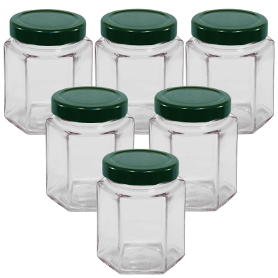 12oz / 250ml - Hexagonal Glass Food Jar With Green Twist Off Lid - Pack Of 6