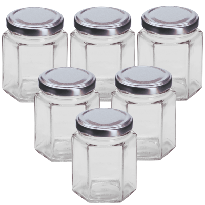 (8oz) 190ml - Hexagonal Glass Jam Jars With Silver Twist Off Lids - Pack Of 6
