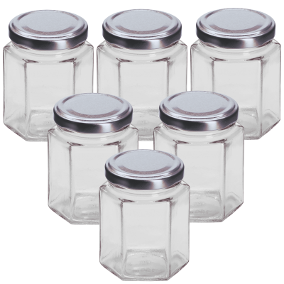 8oz Hexagonal 190ml Glass Jam Jars With Silver Twist Off Lids - Pack Of 6