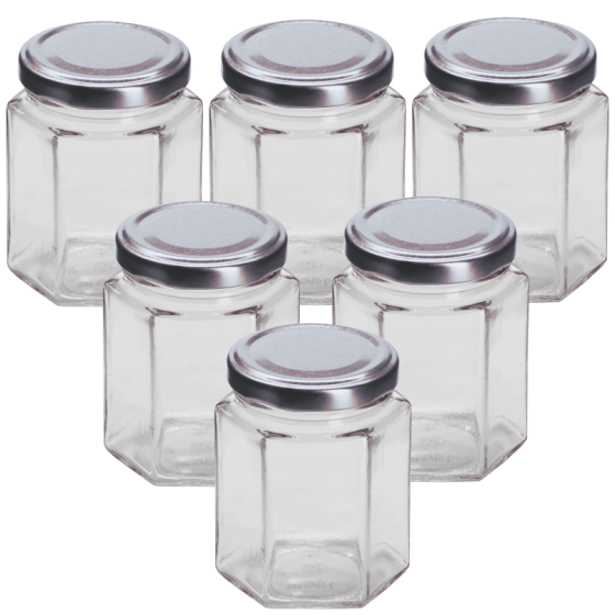 12oz / 250ml - Hexagonal Glass Food Jar With Silver Twist Off Lid - Pack Of 6