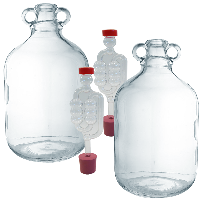2 x Glass Demijohns With Airlock Bubblers & Bungs For Home Wine Making